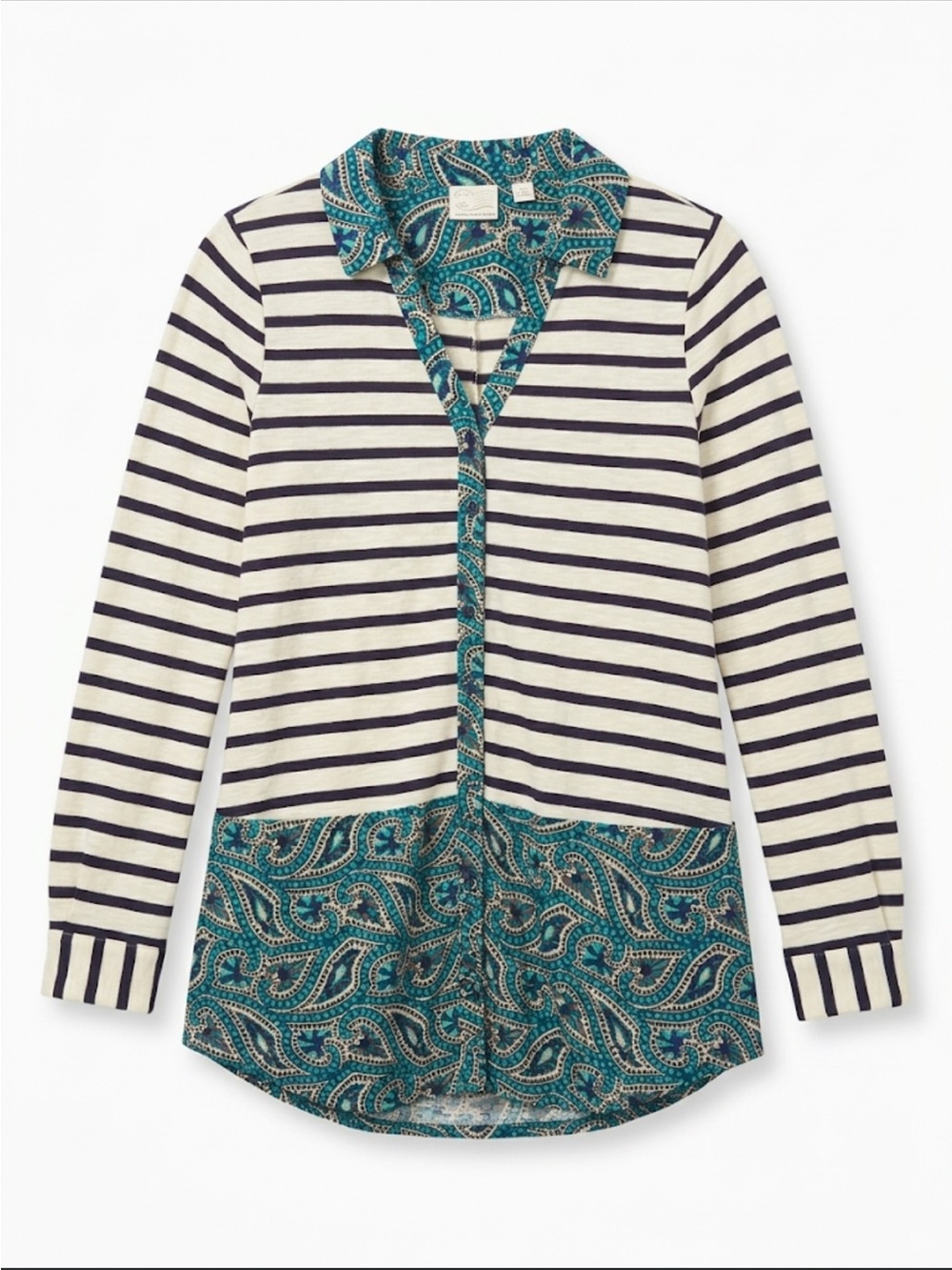 Anthropologie Striped Cream & Navy Blouse with Teal Paisley Panel